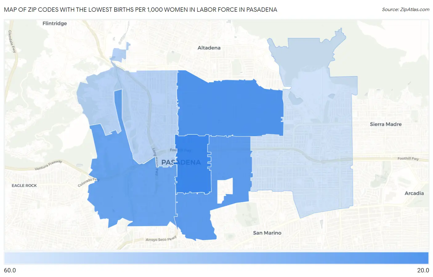 Zip Codes with the Lowest Births per 1,000 Women in Labor Force in Pasadena Map