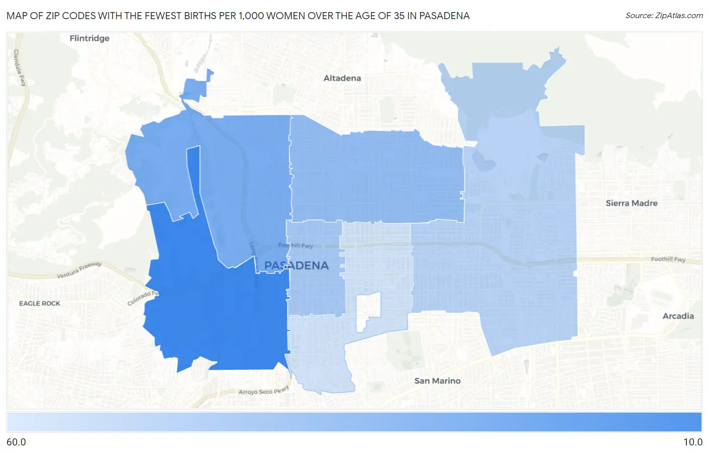 Zip Codes with the Fewest Births per 1,000 Women Over the Age of 35 in Pasadena Map