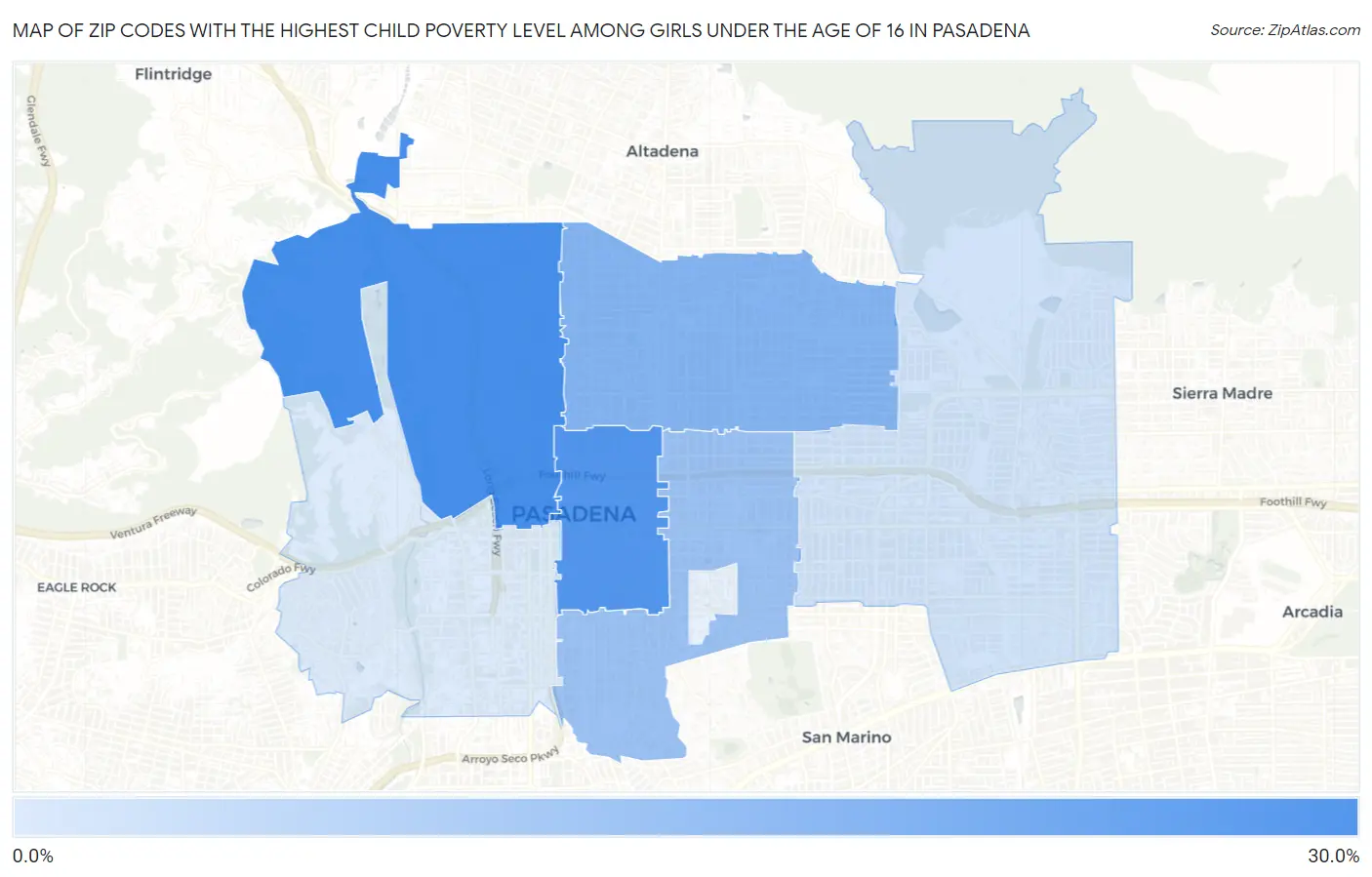 Zip Codes with the Highest Child Poverty Level Among Girls Under the Age of 16 in Pasadena Map
