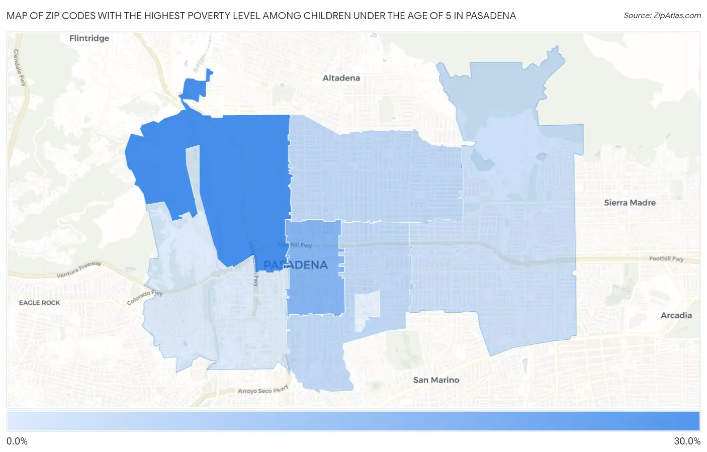 Zip Codes with the Highest Poverty Level Among Children Under the Age of 5 in Pasadena Map