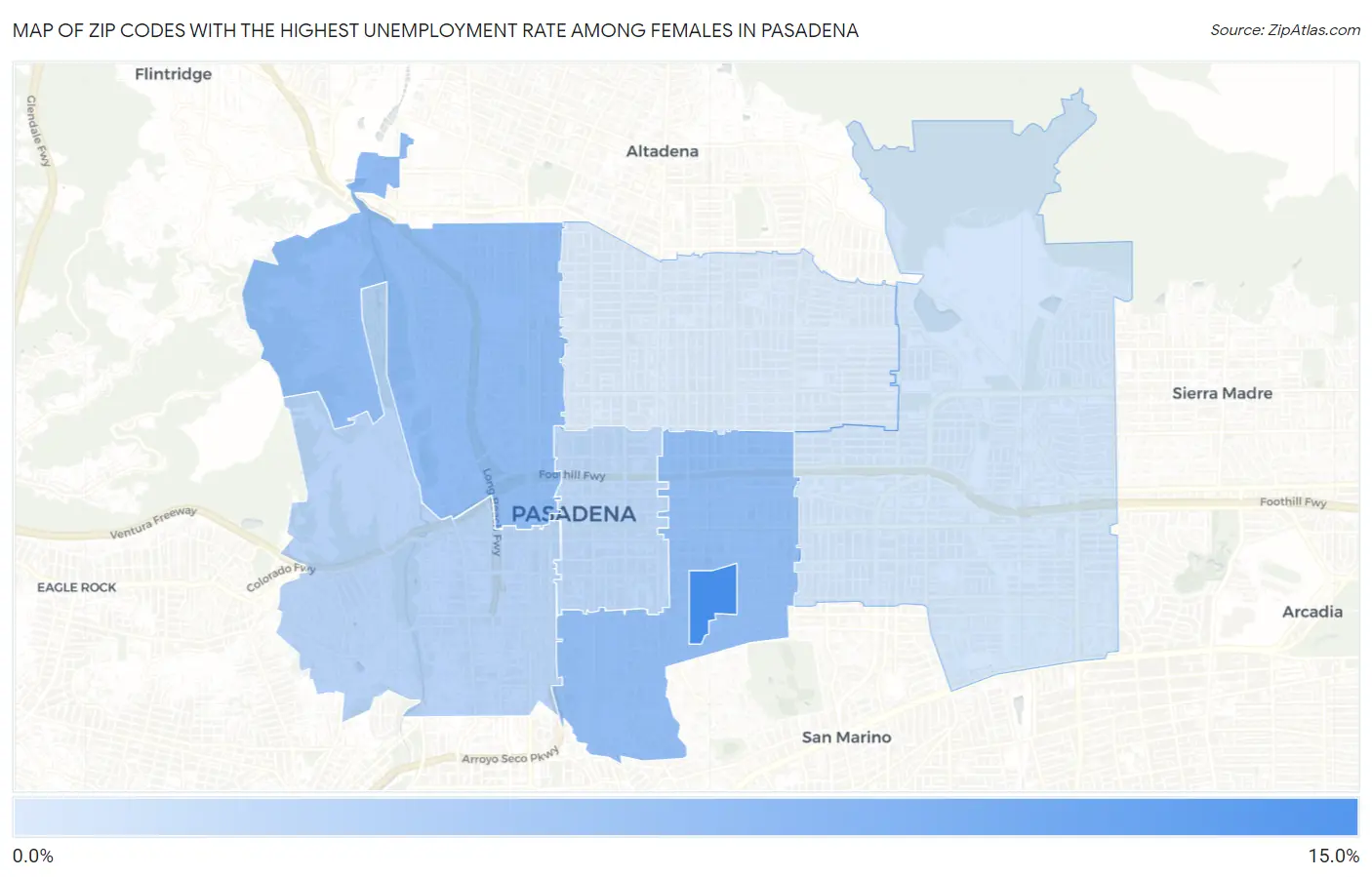 Zip Codes with the Highest Unemployment Rate Among Females in Pasadena Map