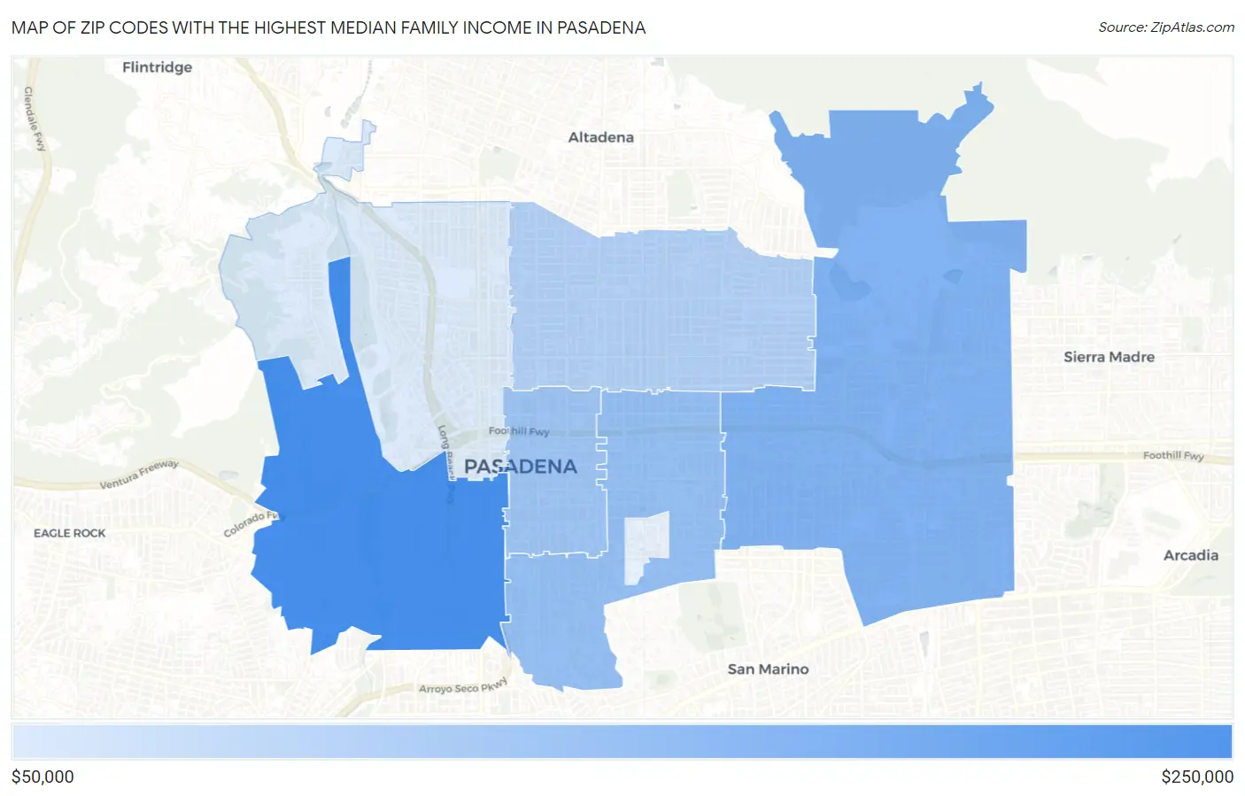Zip Codes with the Highest Median Family Income in Pasadena Map