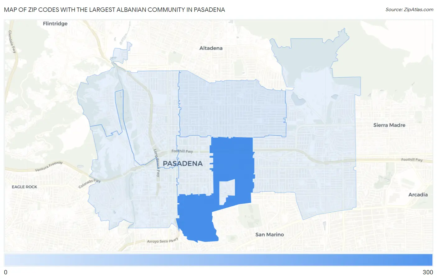 Zip Codes with the Largest Albanian Community in Pasadena Map