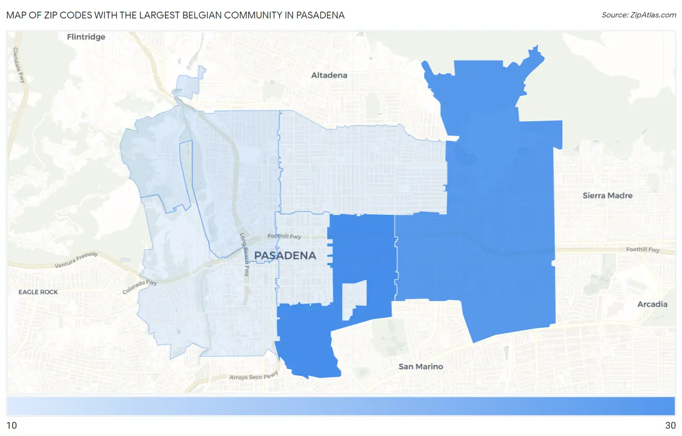 Zip Codes with the Largest Belgian Community in Pasadena Map
