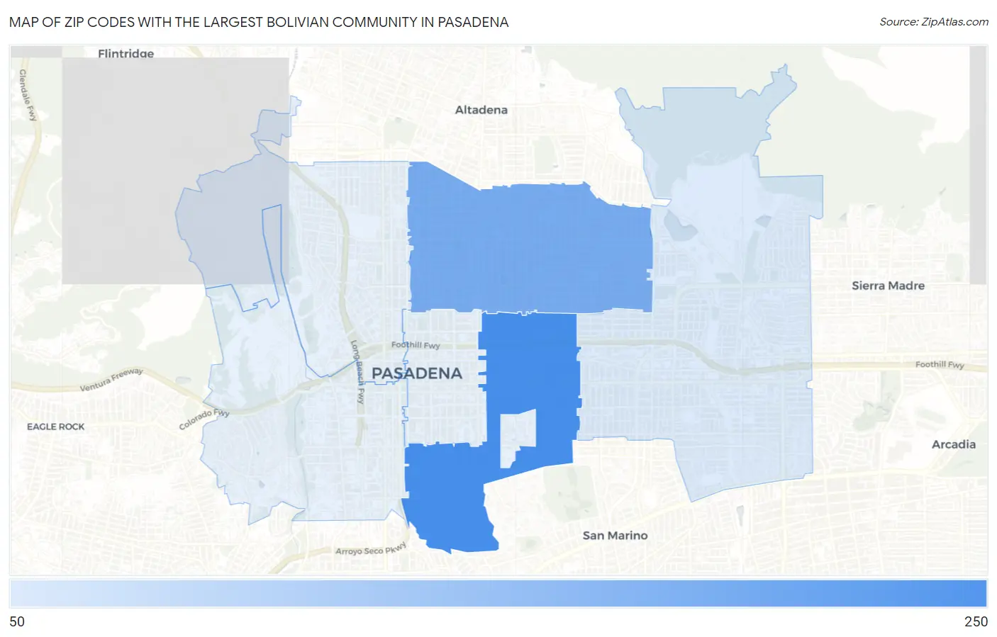 Zip Codes with the Largest Bolivian Community in Pasadena Map