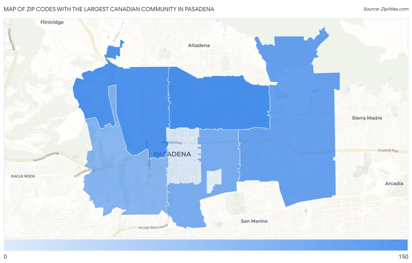 Zip Codes with the Largest Canadian Community in Pasadena Map