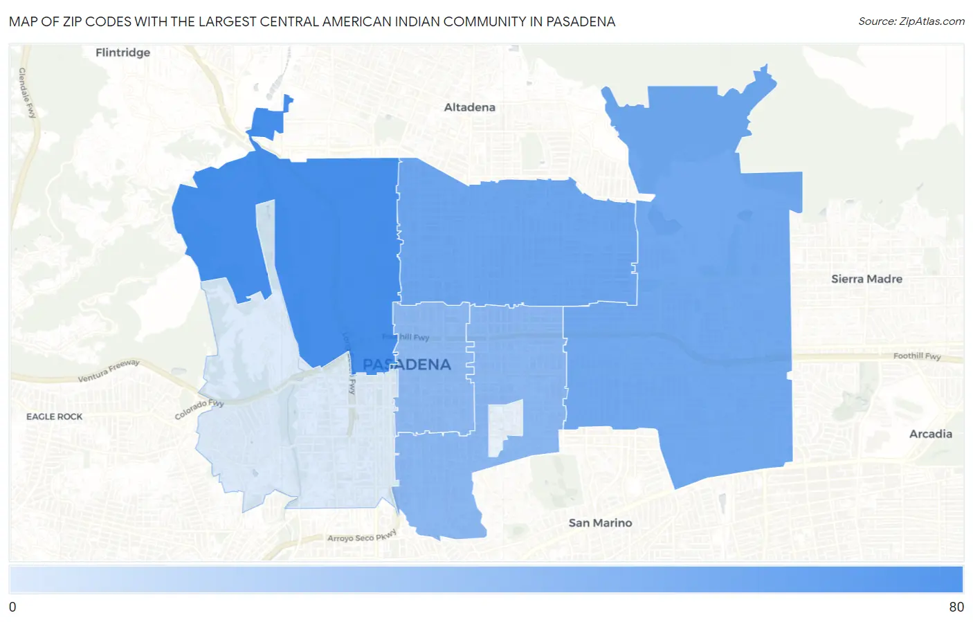 Zip Codes with the Largest Central American Indian Community in Pasadena Map