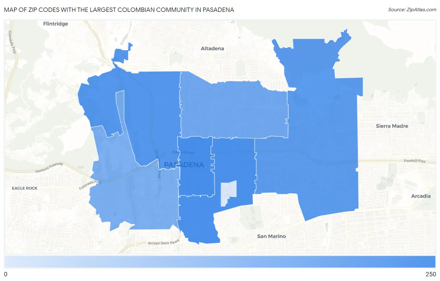 Zip Codes with the Largest Colombian Community in Pasadena Map
