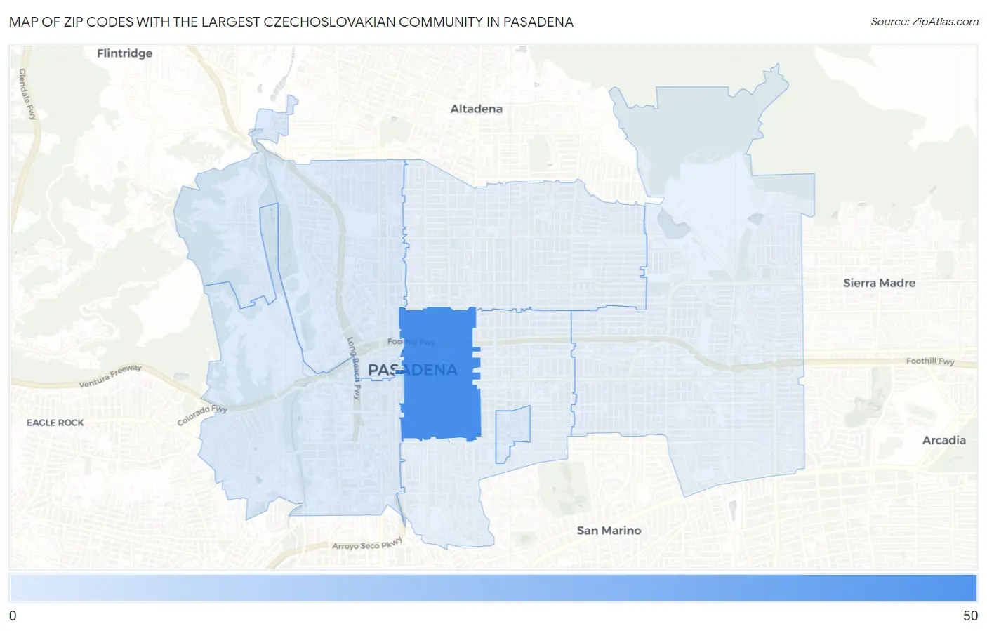 Zip Codes with the Largest Czechoslovakian Community in Pasadena Map