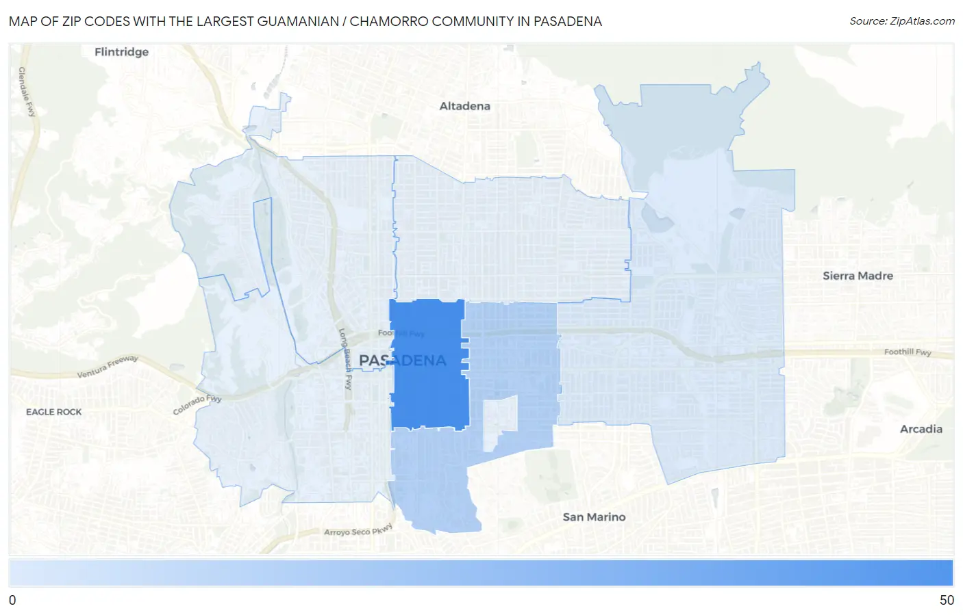 Zip Codes with the Largest Guamanian / Chamorro Community in Pasadena Map