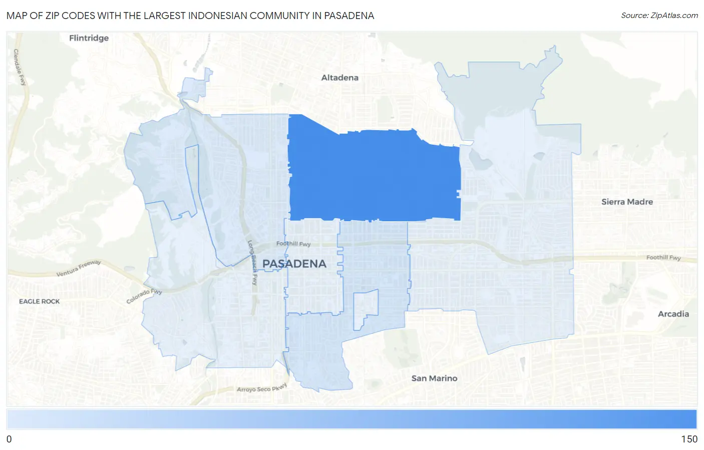 Zip Codes with the Largest Indonesian Community in Pasadena Map