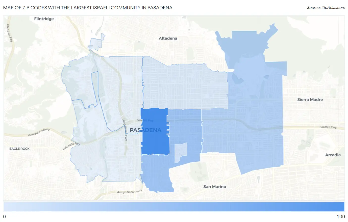 Zip Codes with the Largest Israeli Community in Pasadena Map