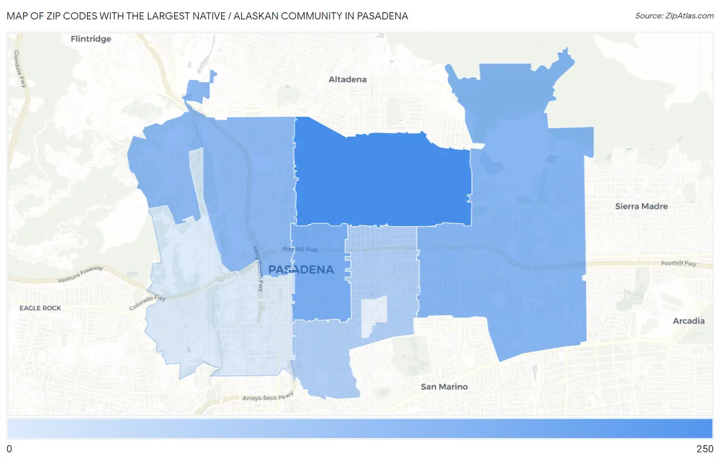 Zip Codes with the Largest Native / Alaskan Community in Pasadena Map
