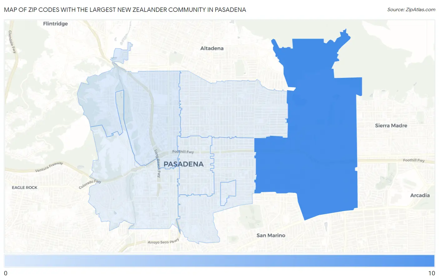 Zip Codes with the Largest New Zealander Community in Pasadena Map