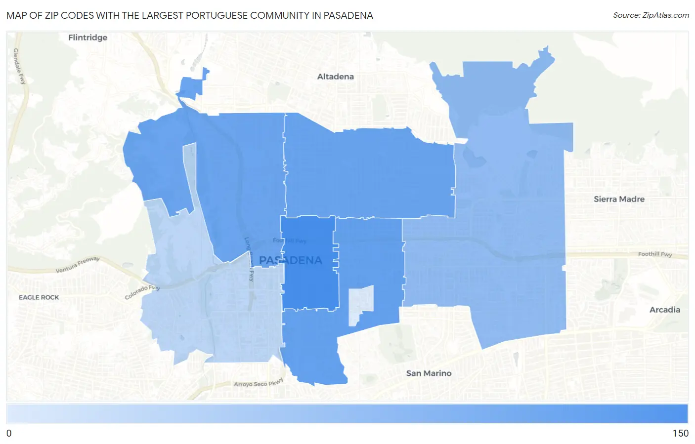 Zip Codes with the Largest Portuguese Community in Pasadena Map