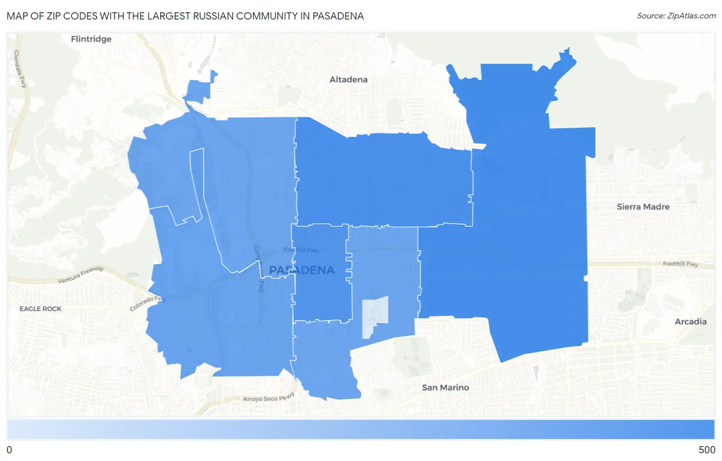 Zip Codes with the Largest Russian Community in Pasadena Map