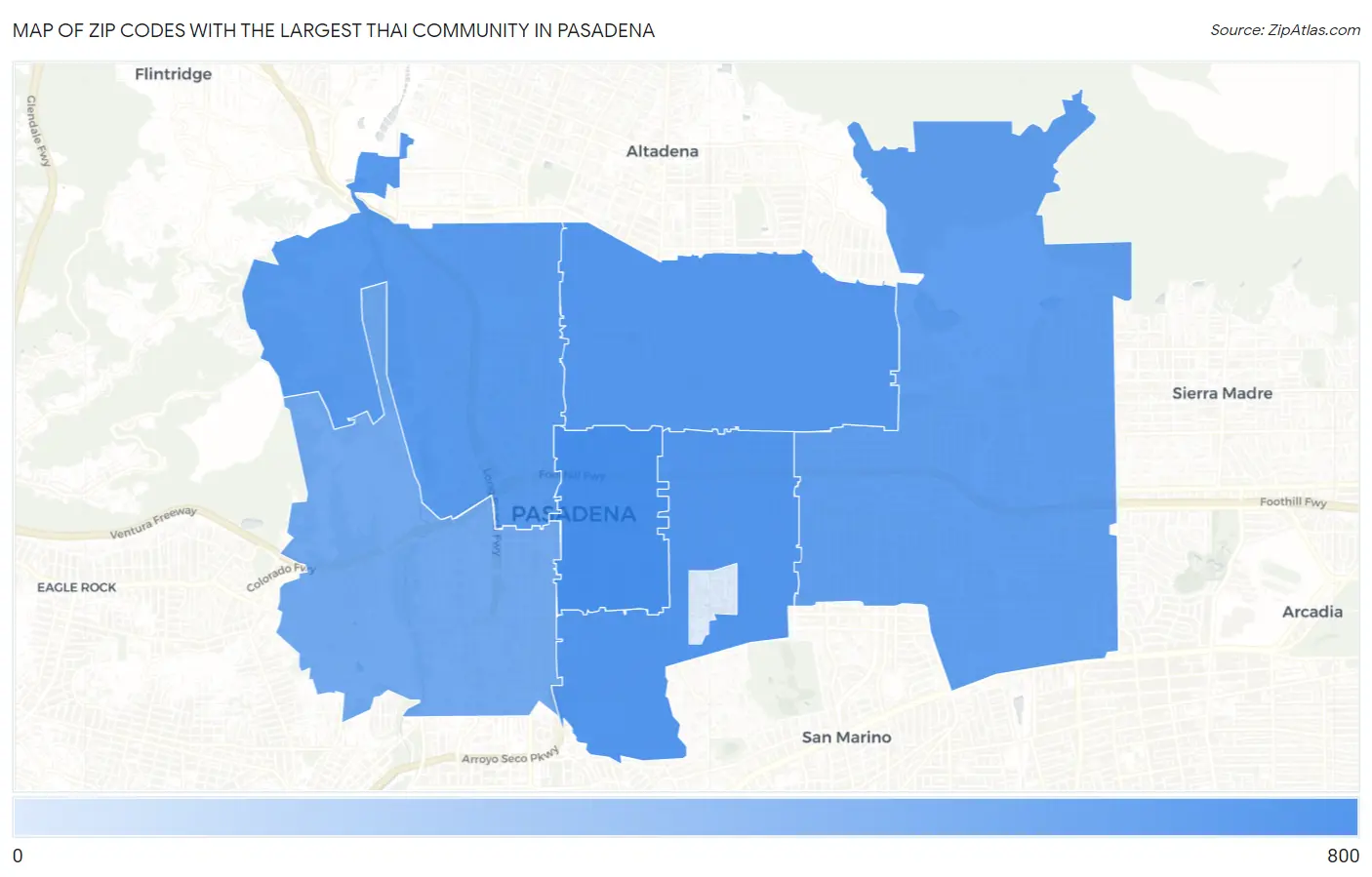 Zip Codes with the Largest Thai Community in Pasadena Map