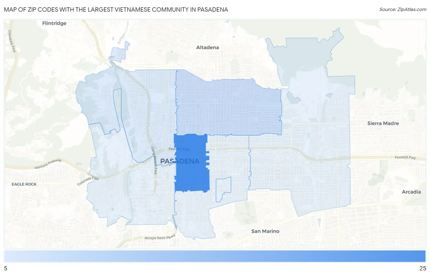 Zip Codes with the Largest Vietnamese Community in Pasadena Map