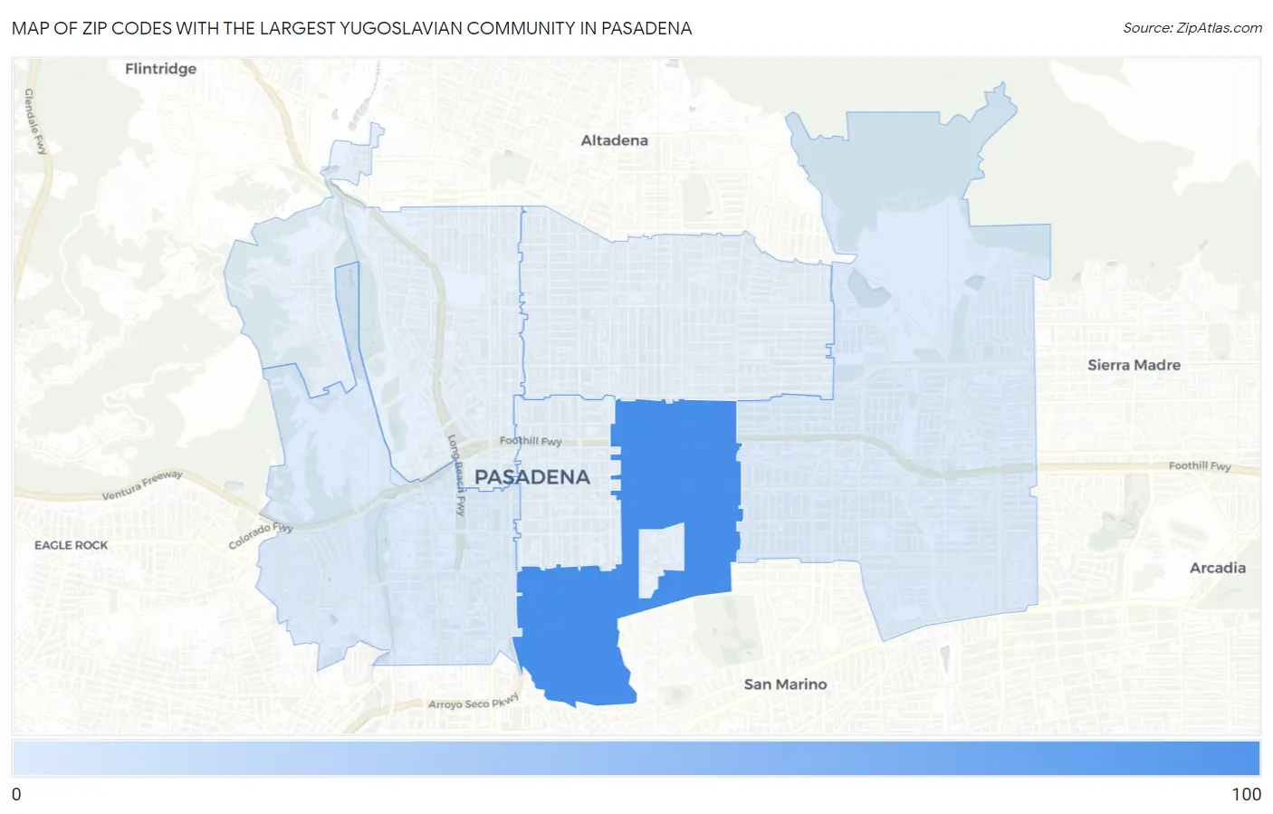 Zip Codes with the Largest Yugoslavian Community in Pasadena Map