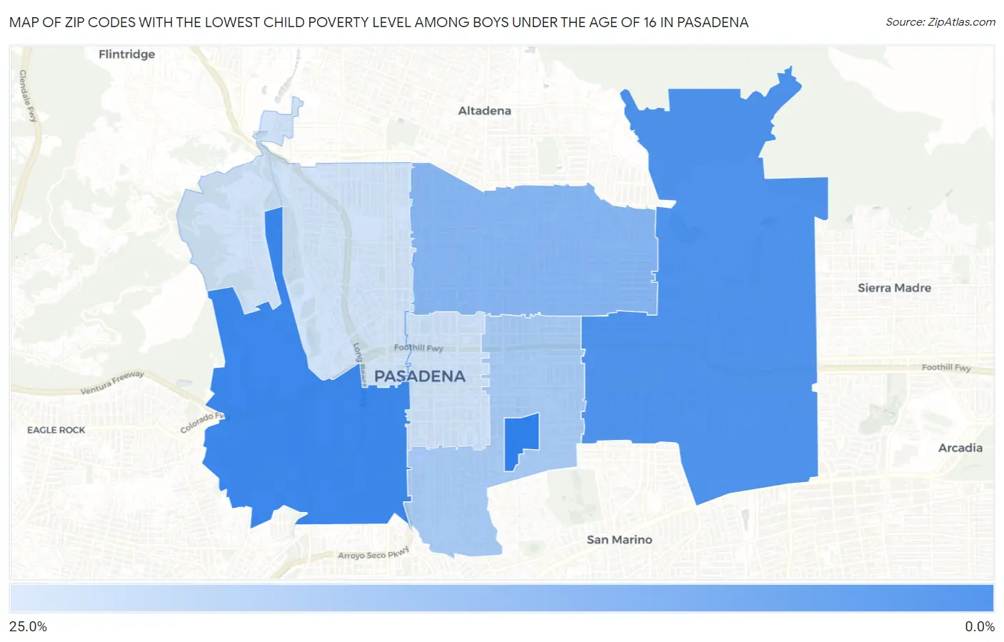 Zip Codes with the Lowest Child Poverty Level Among Boys Under the Age of 16 in Pasadena Map