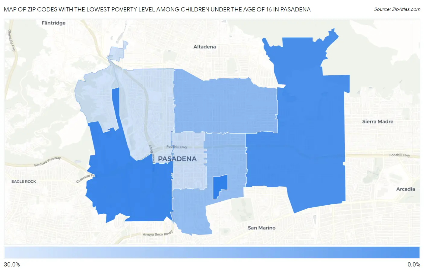 Zip Codes with the Lowest Poverty Level Among Children Under the Age of 16 in Pasadena Map