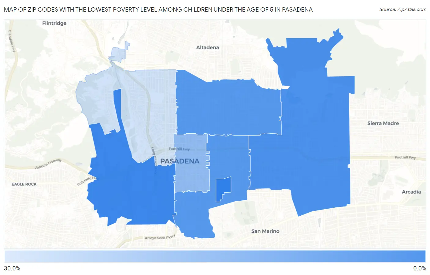 Zip Codes with the Lowest Poverty Level Among Children Under the Age of 5 in Pasadena Map