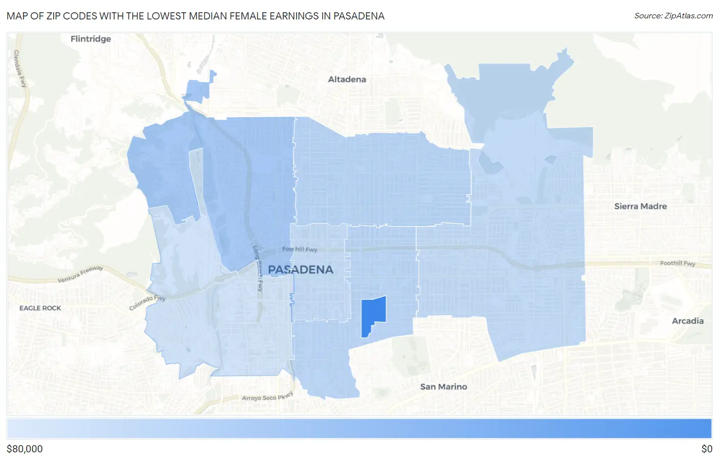 Zip Codes with the Lowest Median Female Earnings in Pasadena Map