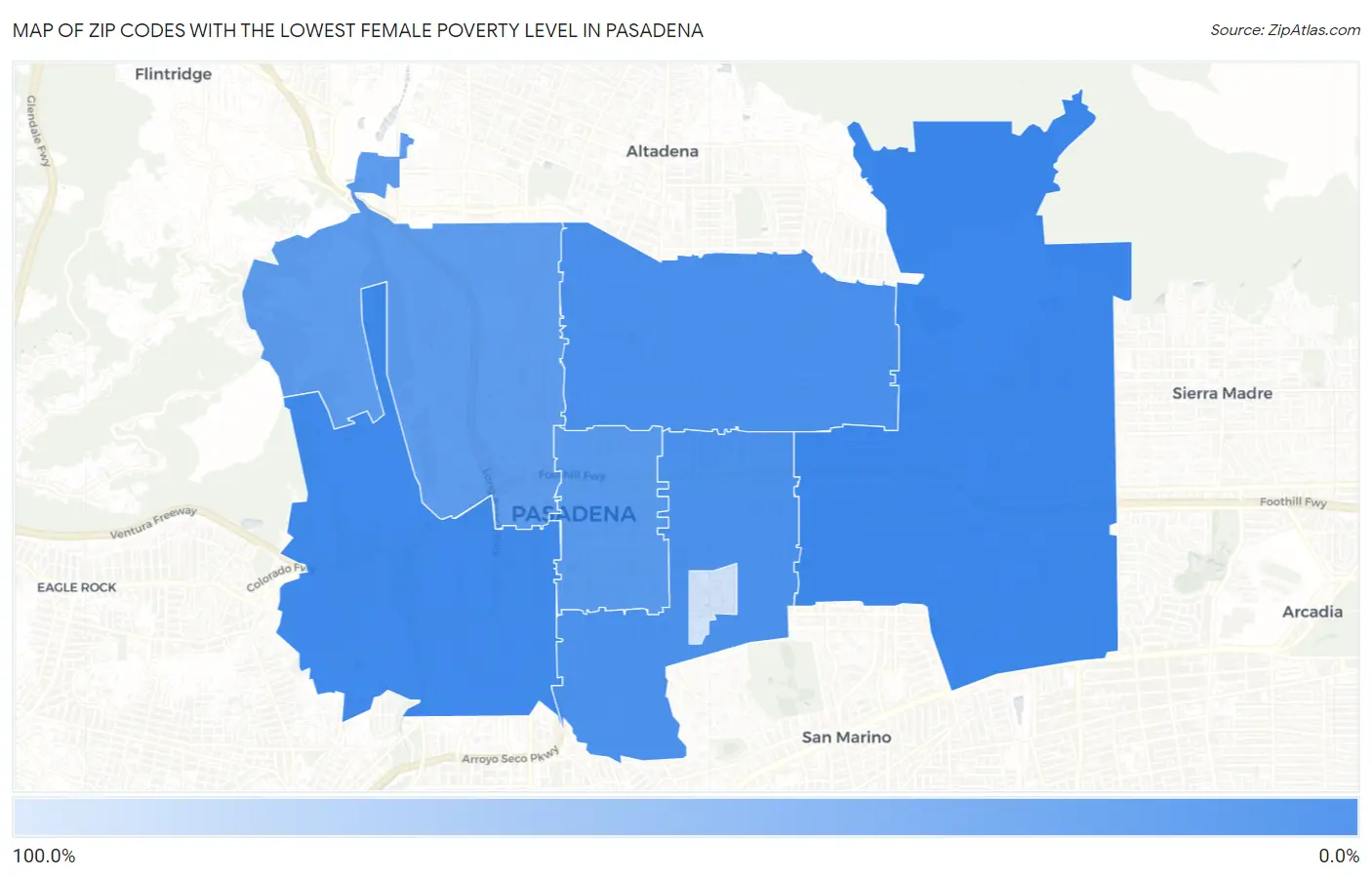 Zip Codes with the Lowest Female Poverty Level in Pasadena Map