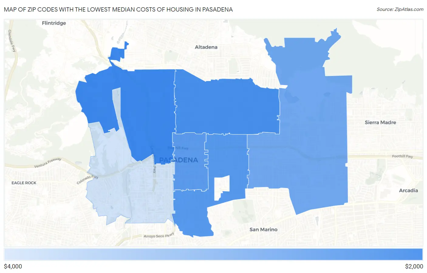 Zip Codes with the Lowest Median Costs of Housing in Pasadena Map