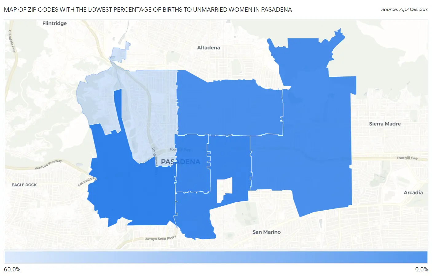 Zip Codes with the Lowest Percentage of Births to Unmarried Women in Pasadena Map