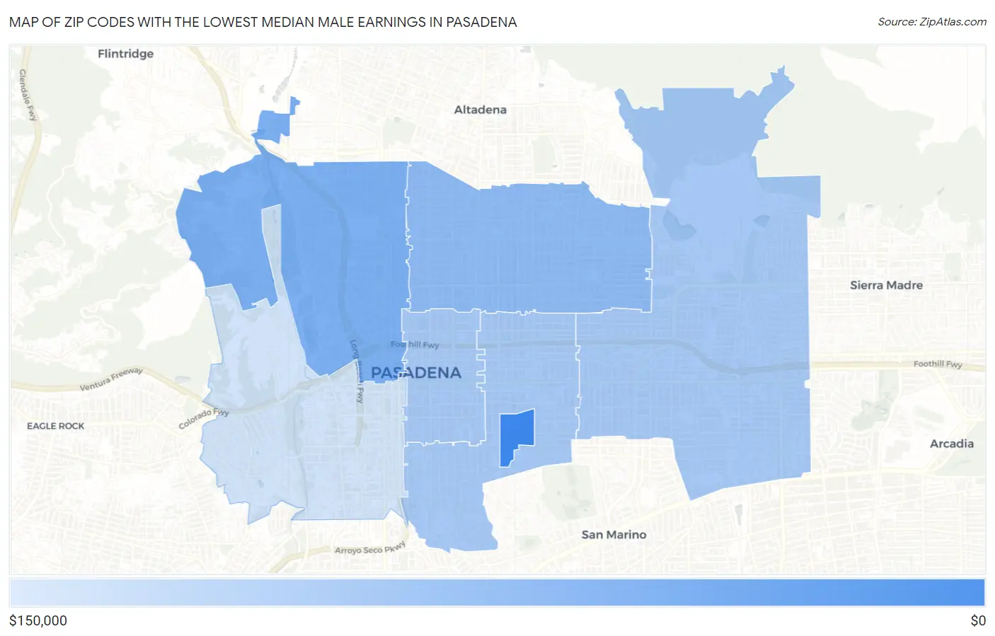 Zip Codes with the Lowest Median Male Earnings in Pasadena Map