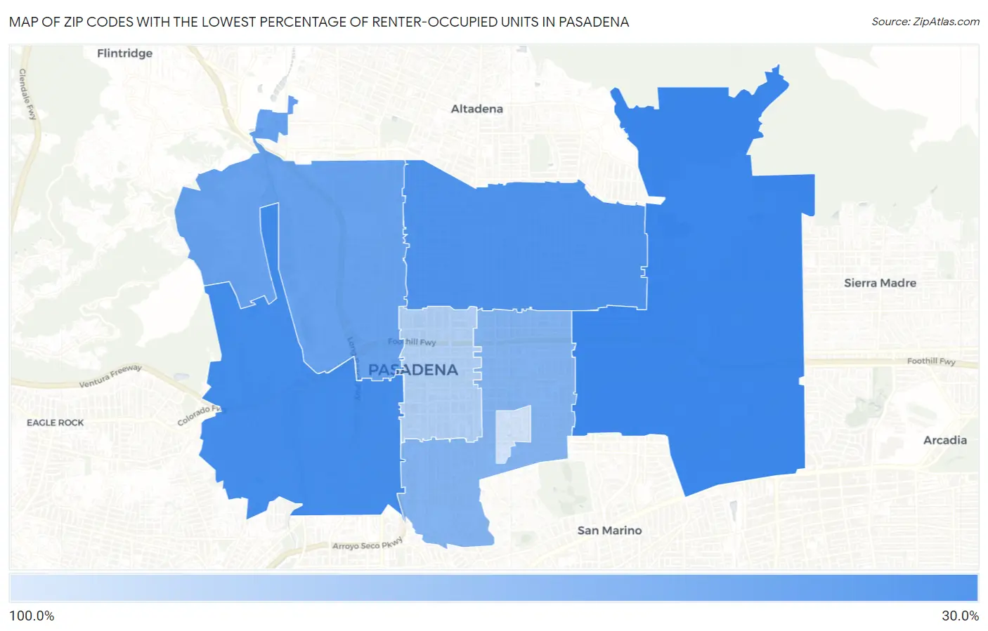 Zip Codes with the Lowest Percentage of Renter-Occupied Units in Pasadena Map