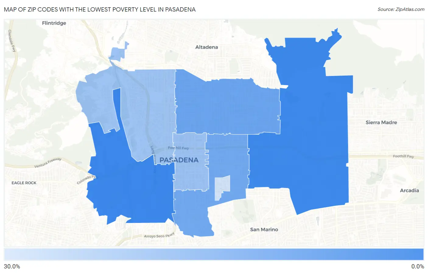 Zip Codes with the Lowest Poverty Level in Pasadena Map