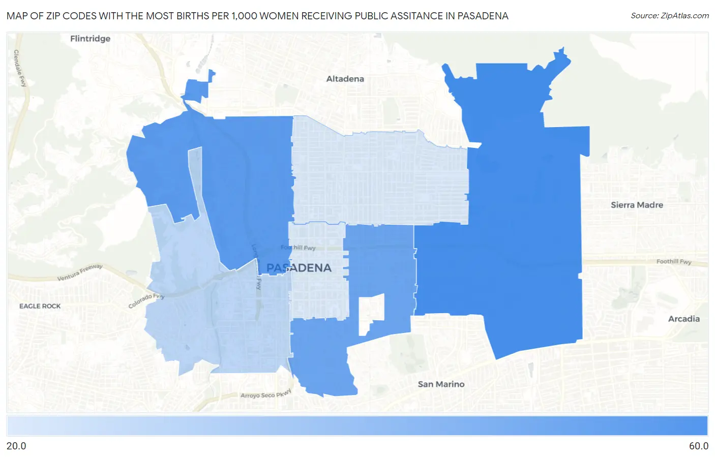 Zip Codes with the Most Births per 1,000 Women Receiving Public Assitance in Pasadena Map