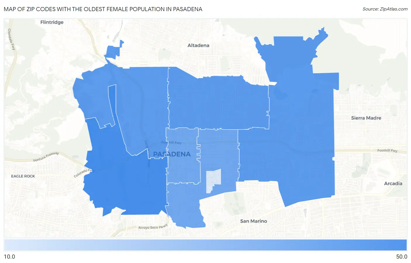 Zip Codes with the Oldest Female Population in Pasadena Map