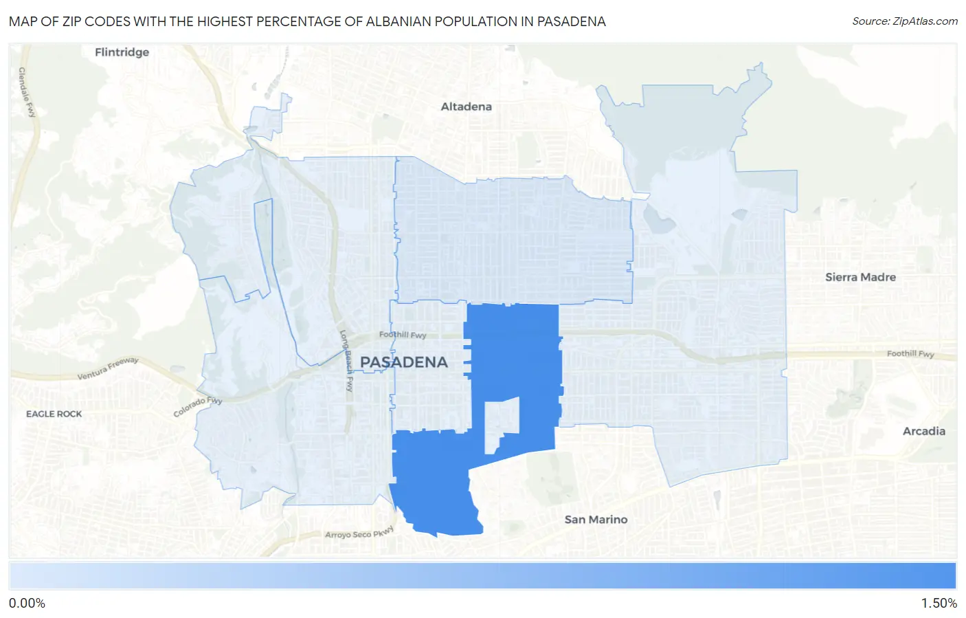 Zip Codes with the Highest Percentage of Albanian Population in Pasadena Map