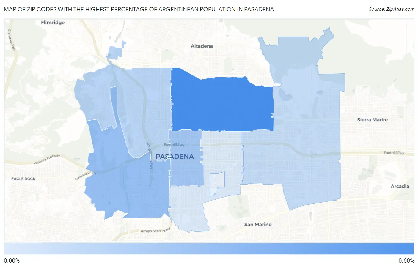 Zip Codes with the Highest Percentage of Argentinean Population in Pasadena Map