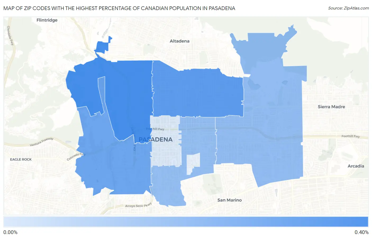 Zip Codes with the Highest Percentage of Canadian Population in Pasadena Map