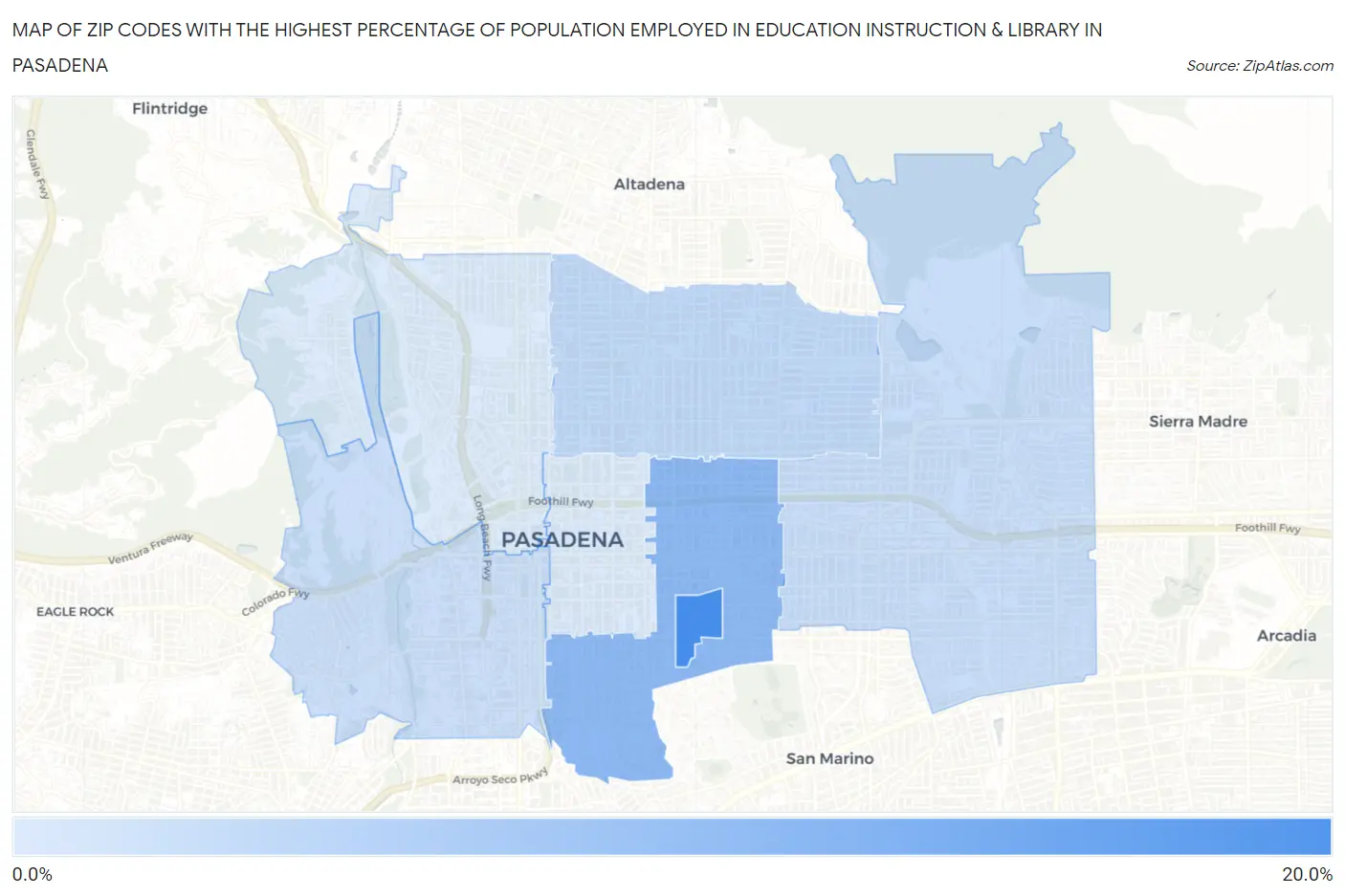 Zip Codes with the Highest Percentage of Population Employed in Education Instruction & Library in Pasadena Map