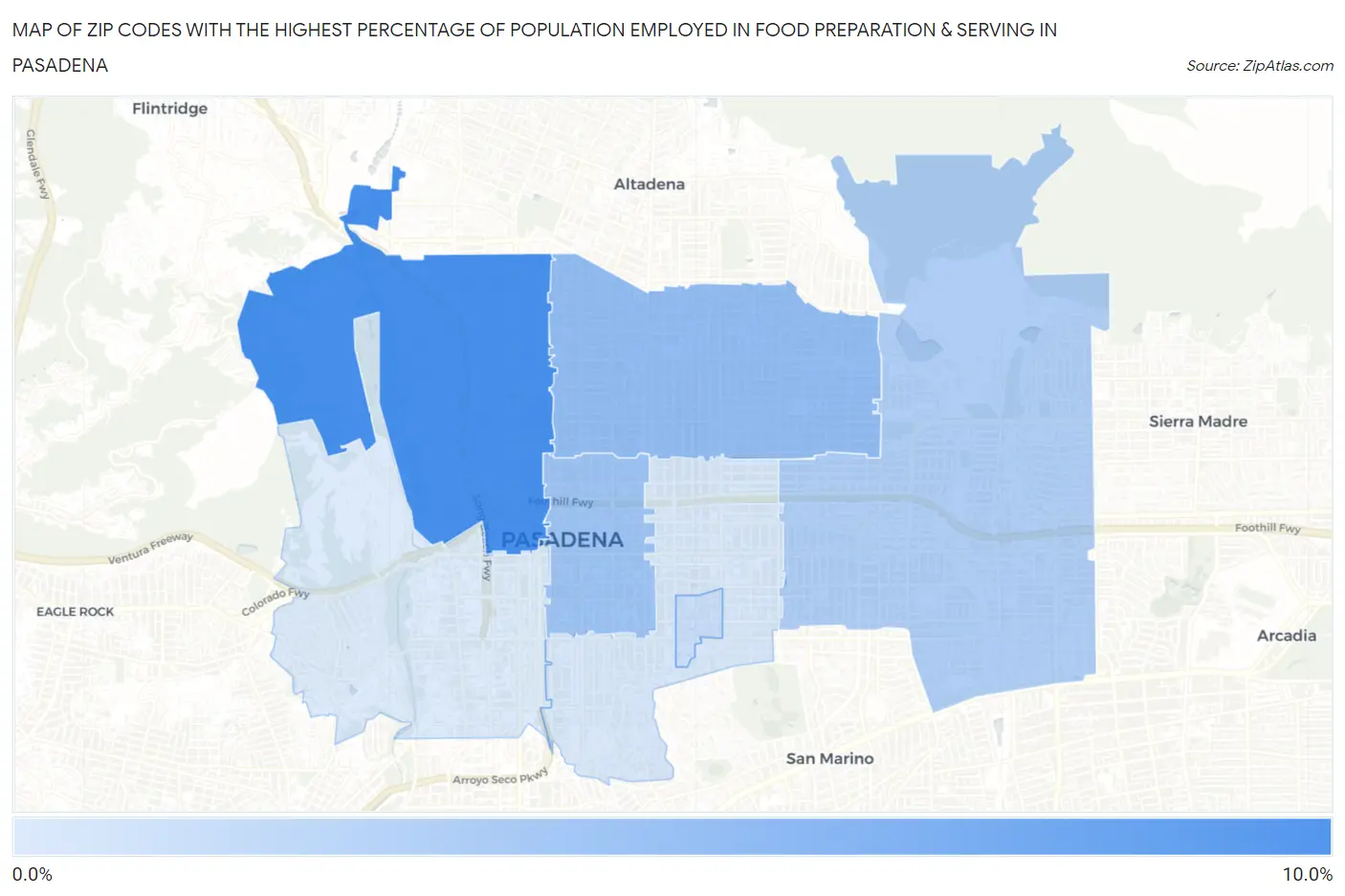 Zip Codes with the Highest Percentage of Population Employed in Food Preparation & Serving in Pasadena Map