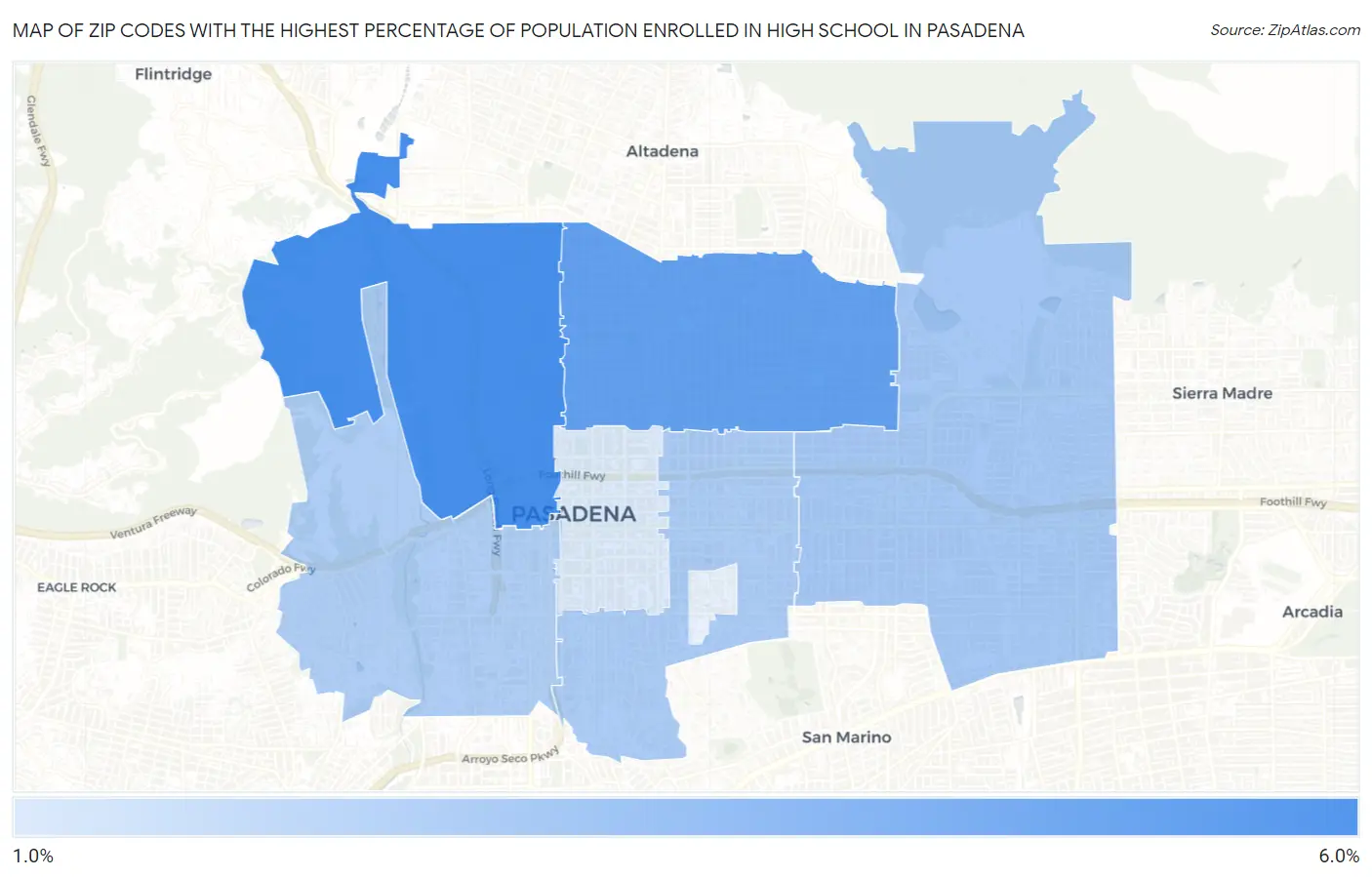 Zip Codes with the Highest Percentage of Population Enrolled in High School in Pasadena Map