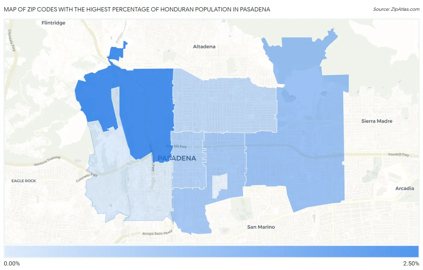 Zip Codes with the Highest Percentage of Honduran Population in Pasadena Map