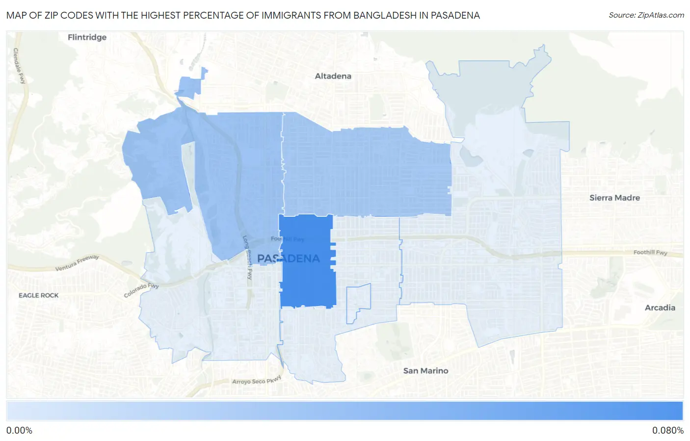 Zip Codes with the Highest Percentage of Immigrants from Bangladesh in Pasadena Map