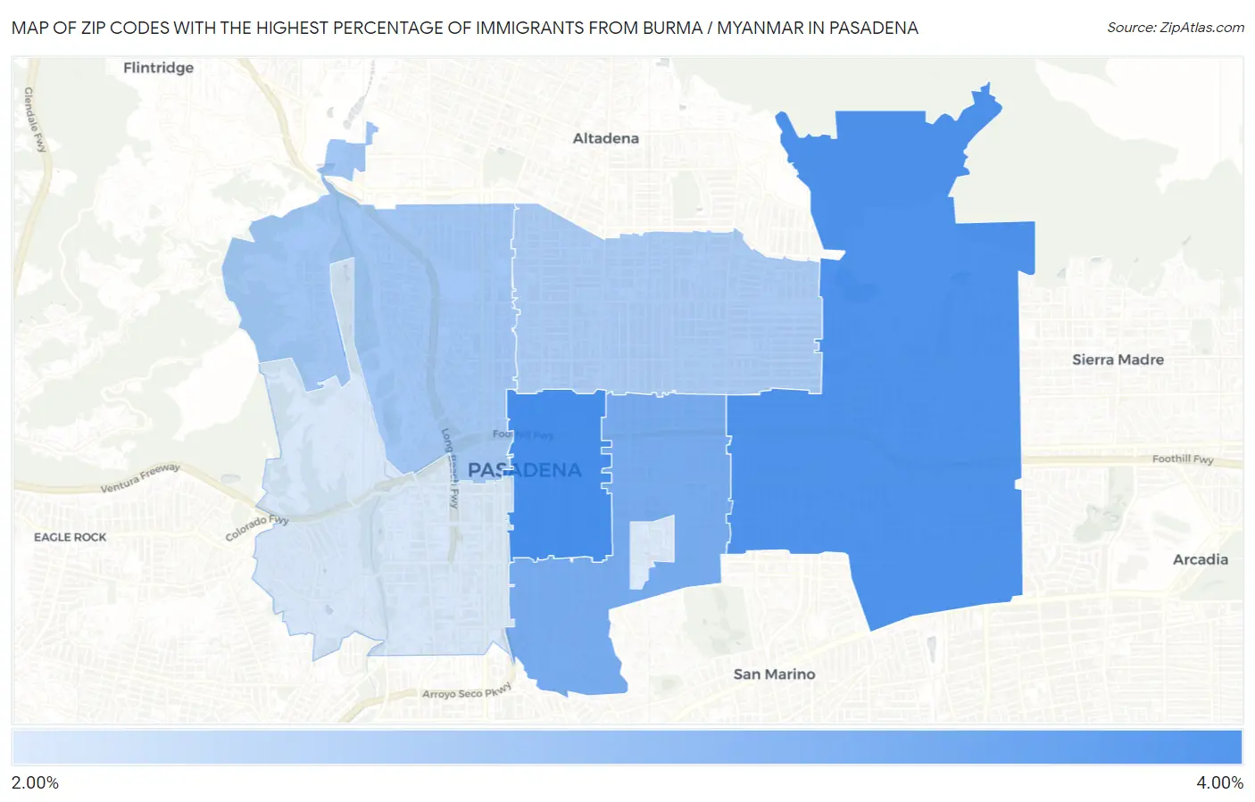 Zip Codes with the Highest Percentage of Immigrants from Burma / Myanmar in Pasadena Map