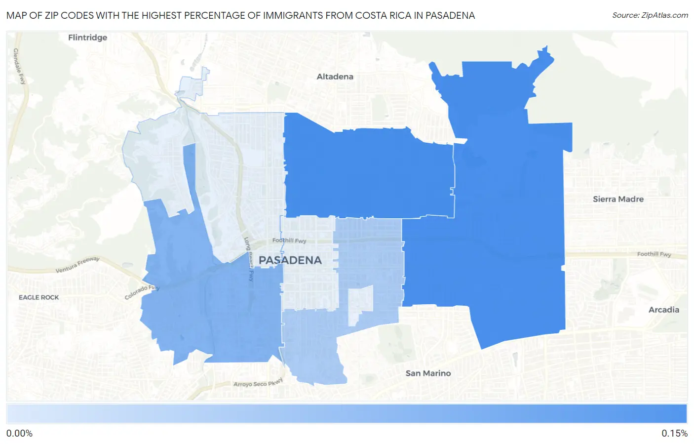 Zip Codes with the Highest Percentage of Immigrants from Costa Rica in Pasadena Map