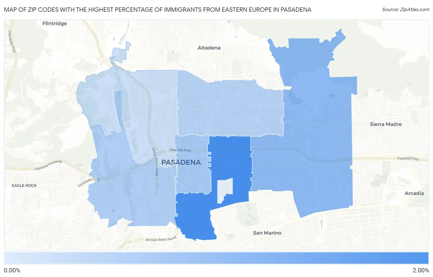 Zip Codes with the Highest Percentage of Immigrants from Eastern Europe in Pasadena Map