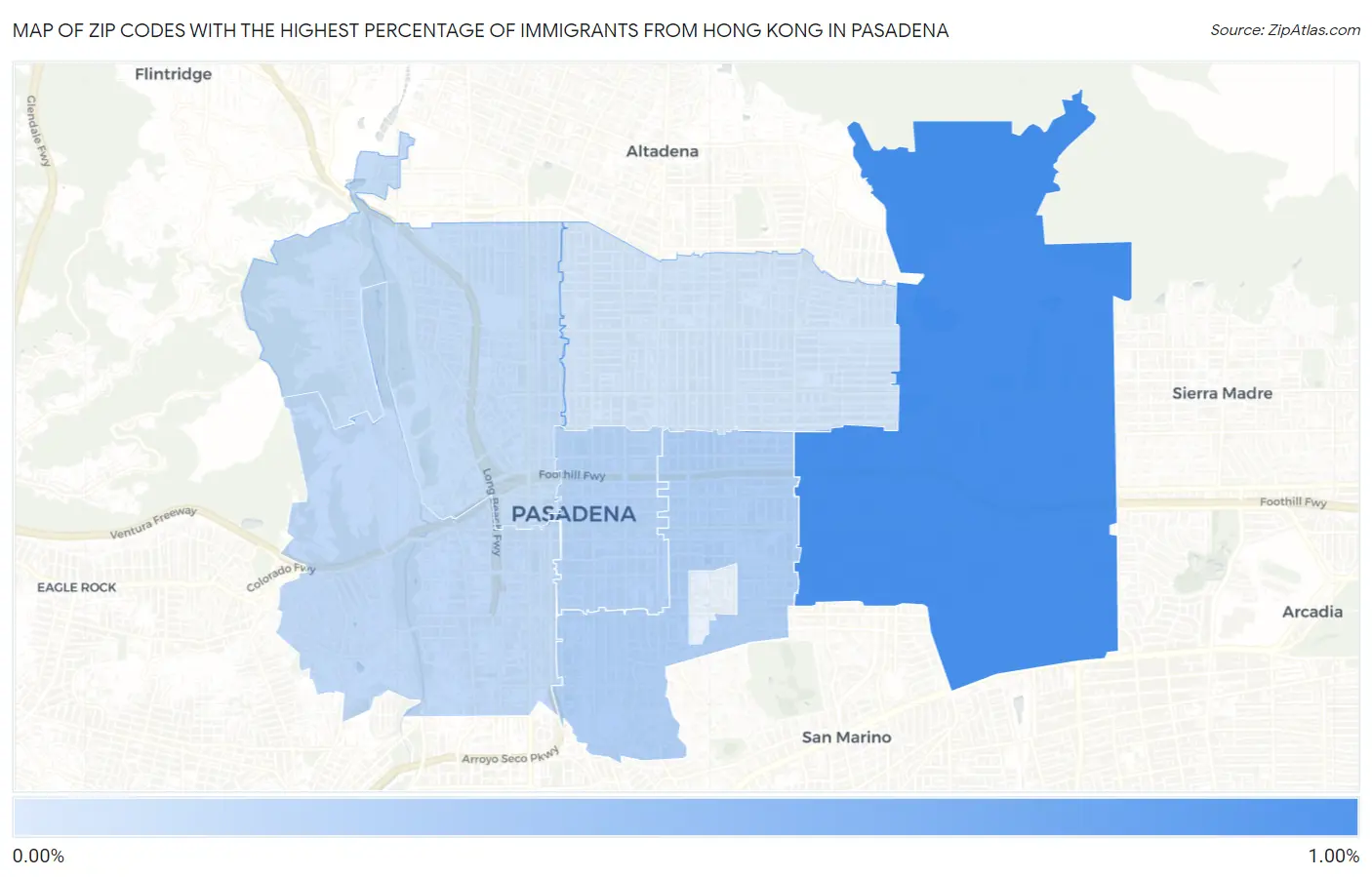 Zip Codes with the Highest Percentage of Immigrants from Hong Kong in Pasadena Map