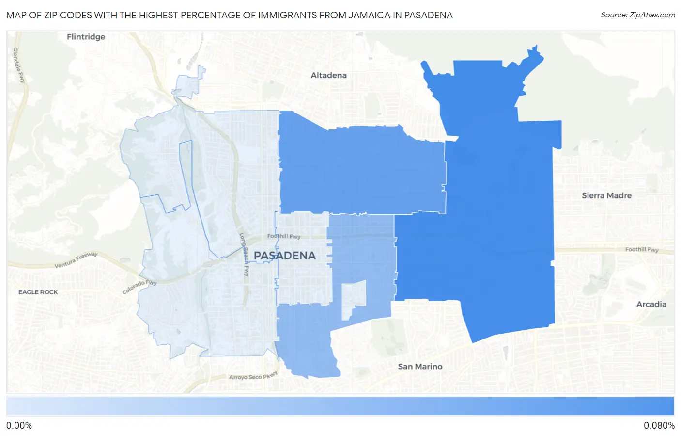 Zip Codes with the Highest Percentage of Immigrants from Jamaica in Pasadena Map