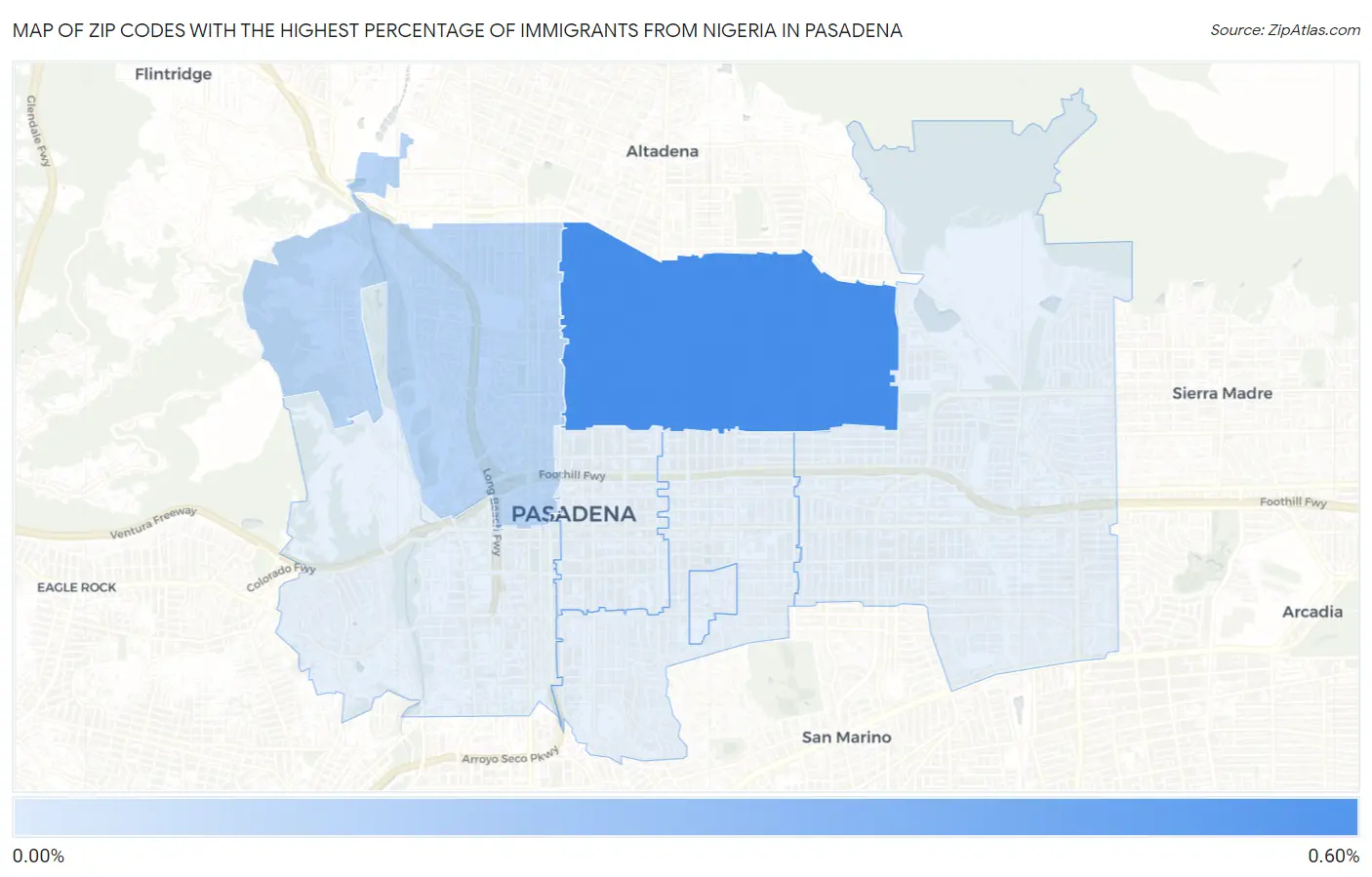 Zip Codes with the Highest Percentage of Immigrants from Nigeria in Pasadena Map