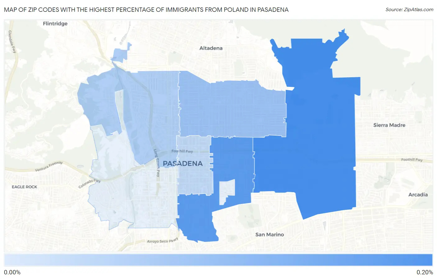 Zip Codes with the Highest Percentage of Immigrants from Poland in Pasadena Map